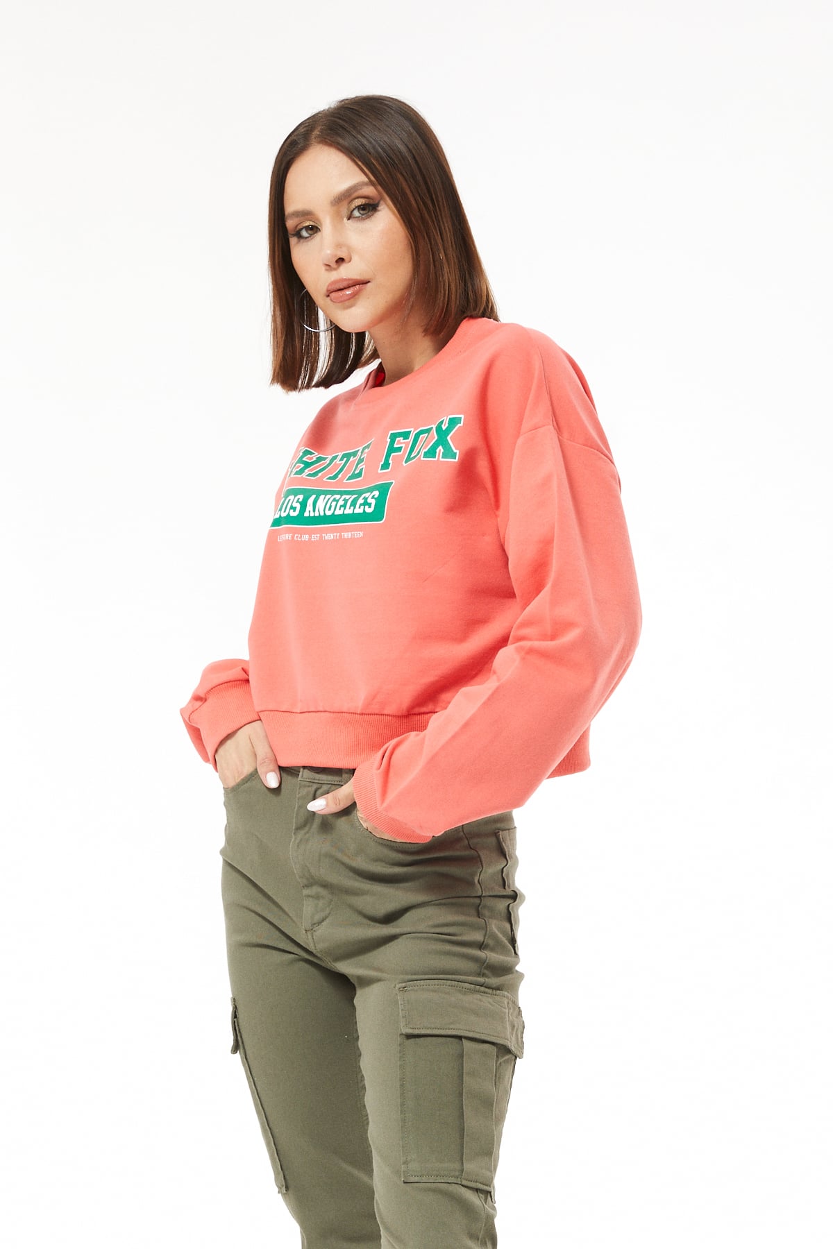 White Fox Baskılı Kısa Sweat-Mercan