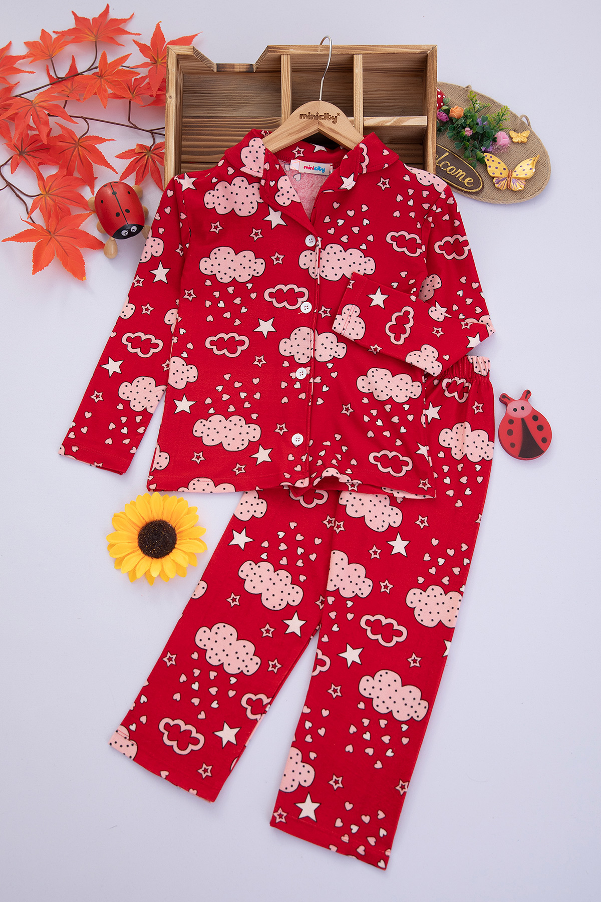 Çocuk Baskılı Düğmeli Pijama Takımı   9421 (7 11 Yaş)