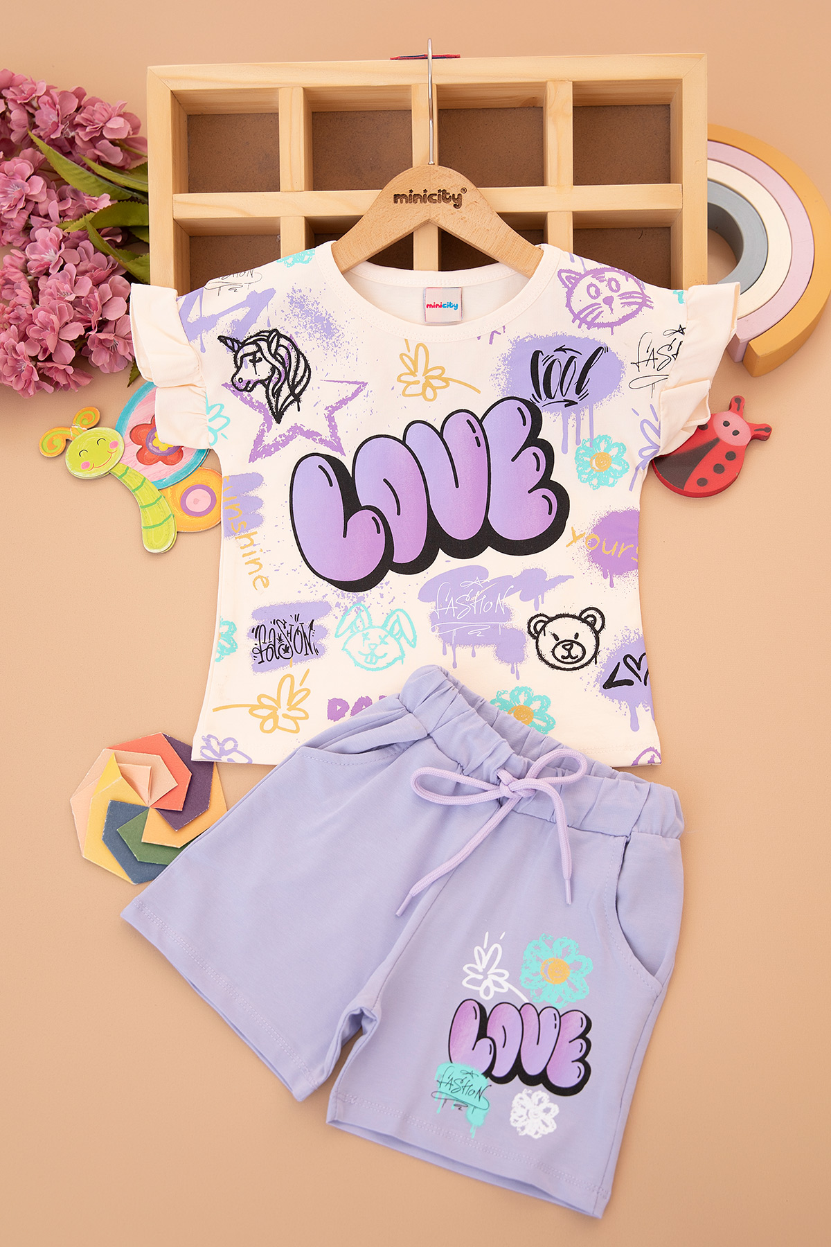 Kız Çocuk Love Baskılı Şortlu Takım   7622 (3 10 Yaş)