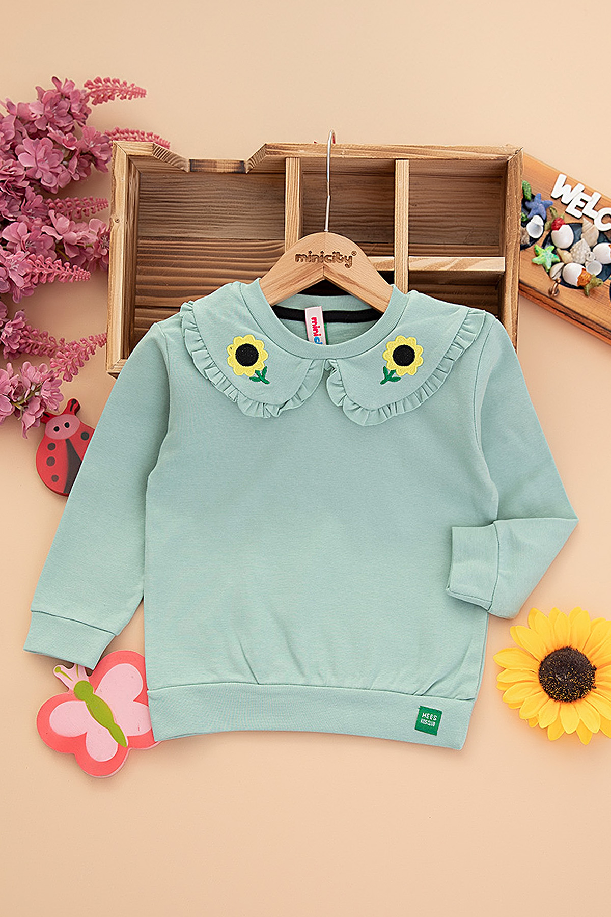 Kız Çocuk Yakası Papatya Nakışlı Sweat (2 10 Yaş)