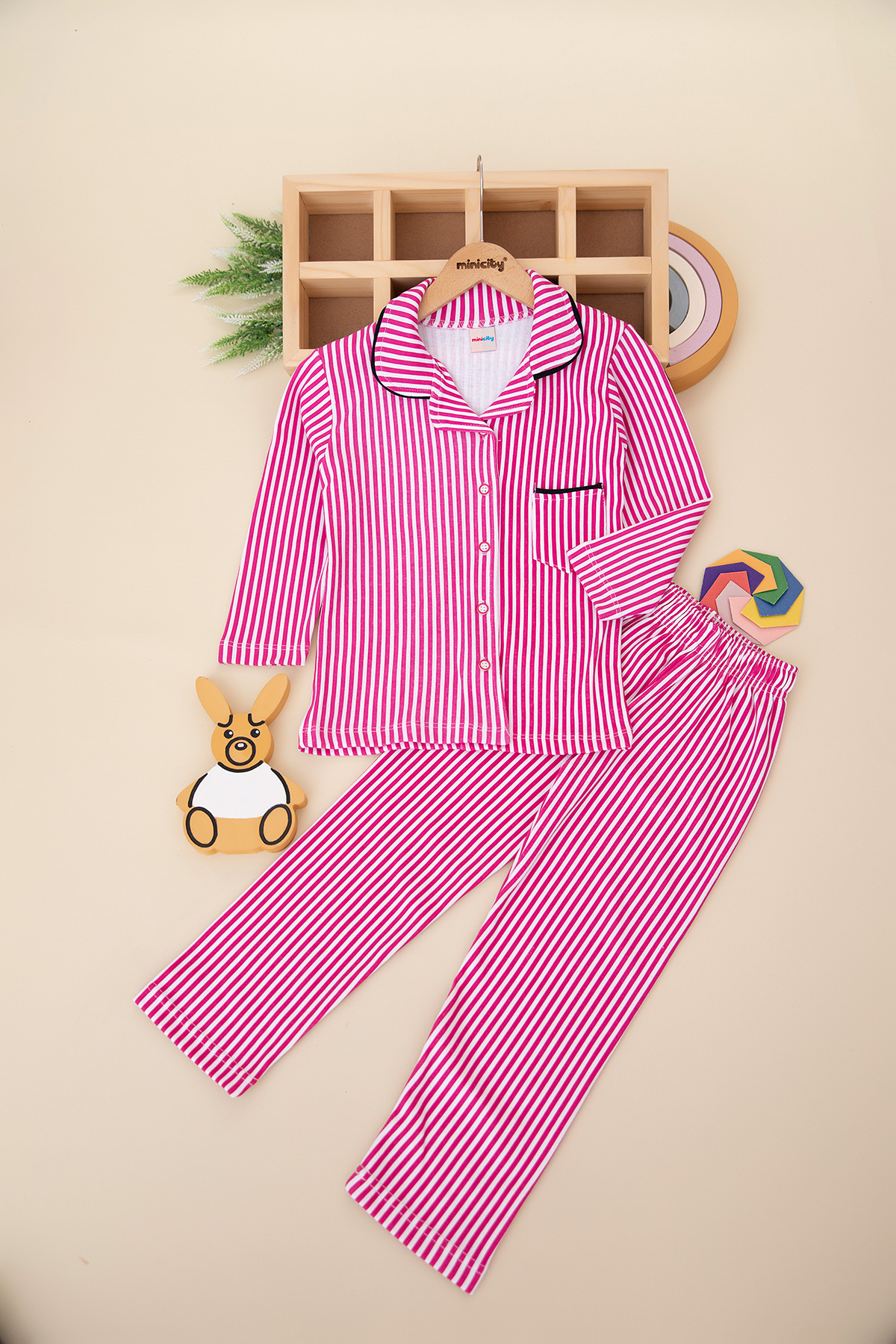 Kız Çocuk Çizgili Düğmeli Pijama Takım (5 8 Yaş)