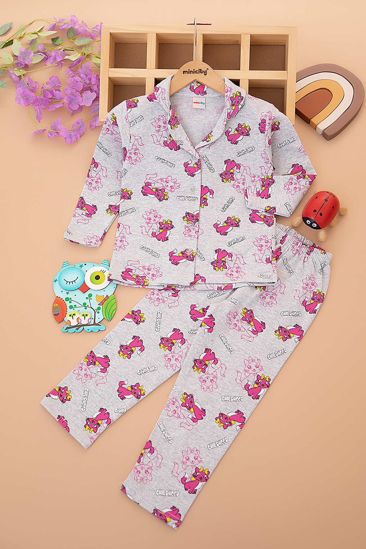 Çocuk Baskılı Önden Düğmeli Pijama Takım (3 12 Yaş)
