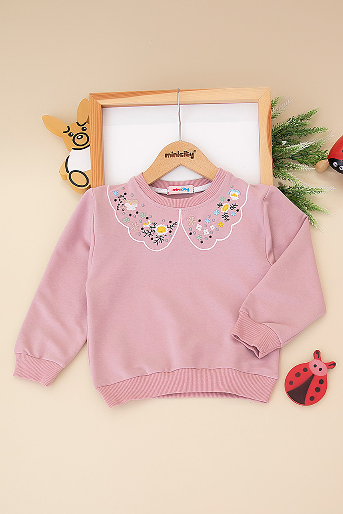 Kız Çocuk Yakası Nakışlı Mevsimlik Sweat (8 12 Yaş)