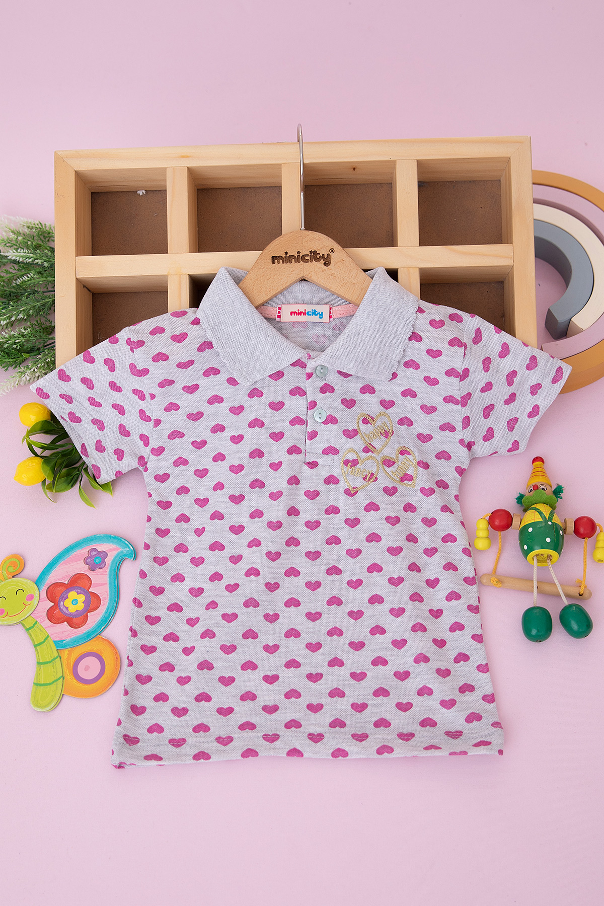 Kız Çocuk Kalp Baskılı Nakışlı T Shirt (3 12 Yaş)