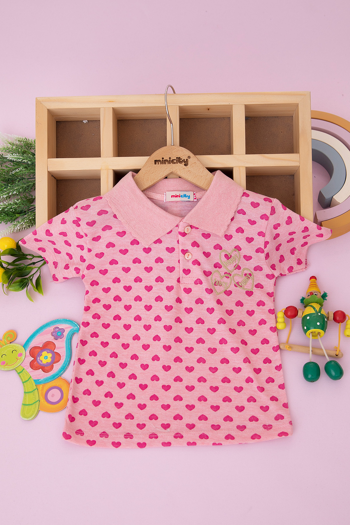 Kız Çocuk Kalp Baskılı Nakışlı T Shirt (3 12 Yaş)
