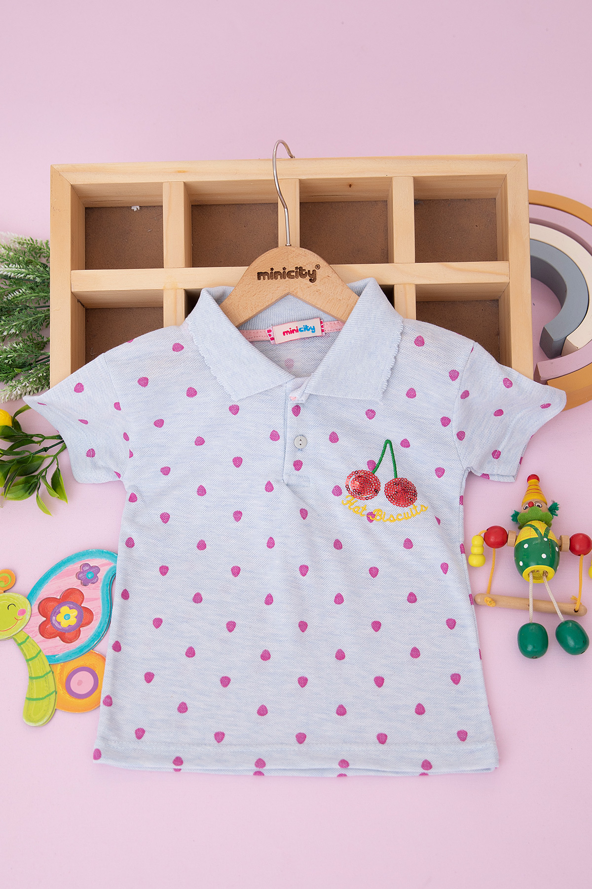 Kız Çocuk Kalp Baskılı Kiraz Nakışlı T Shirt (3 12 Yaş)