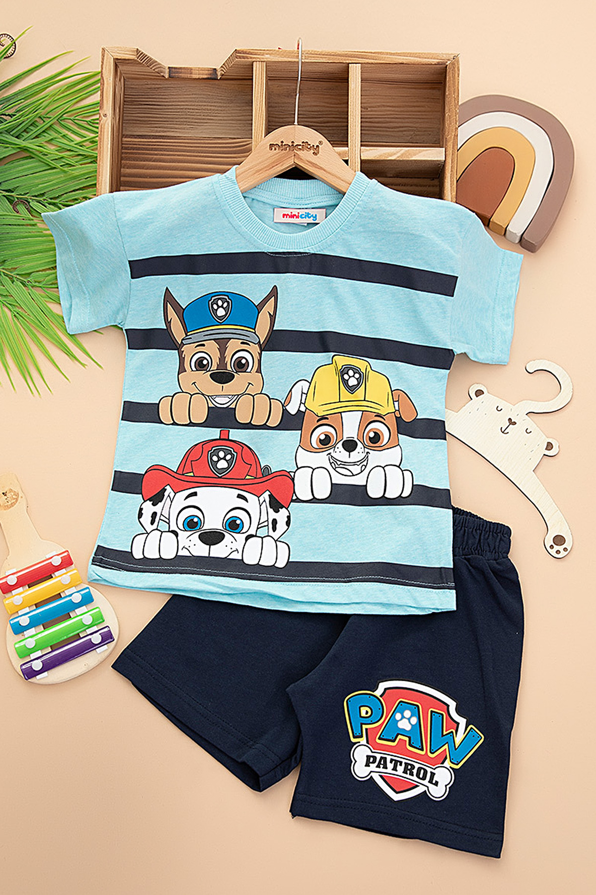 Erkek Çocuk Çizgili Paw Patrol Baskılı Şortlu Takım (4 10 Yaş)