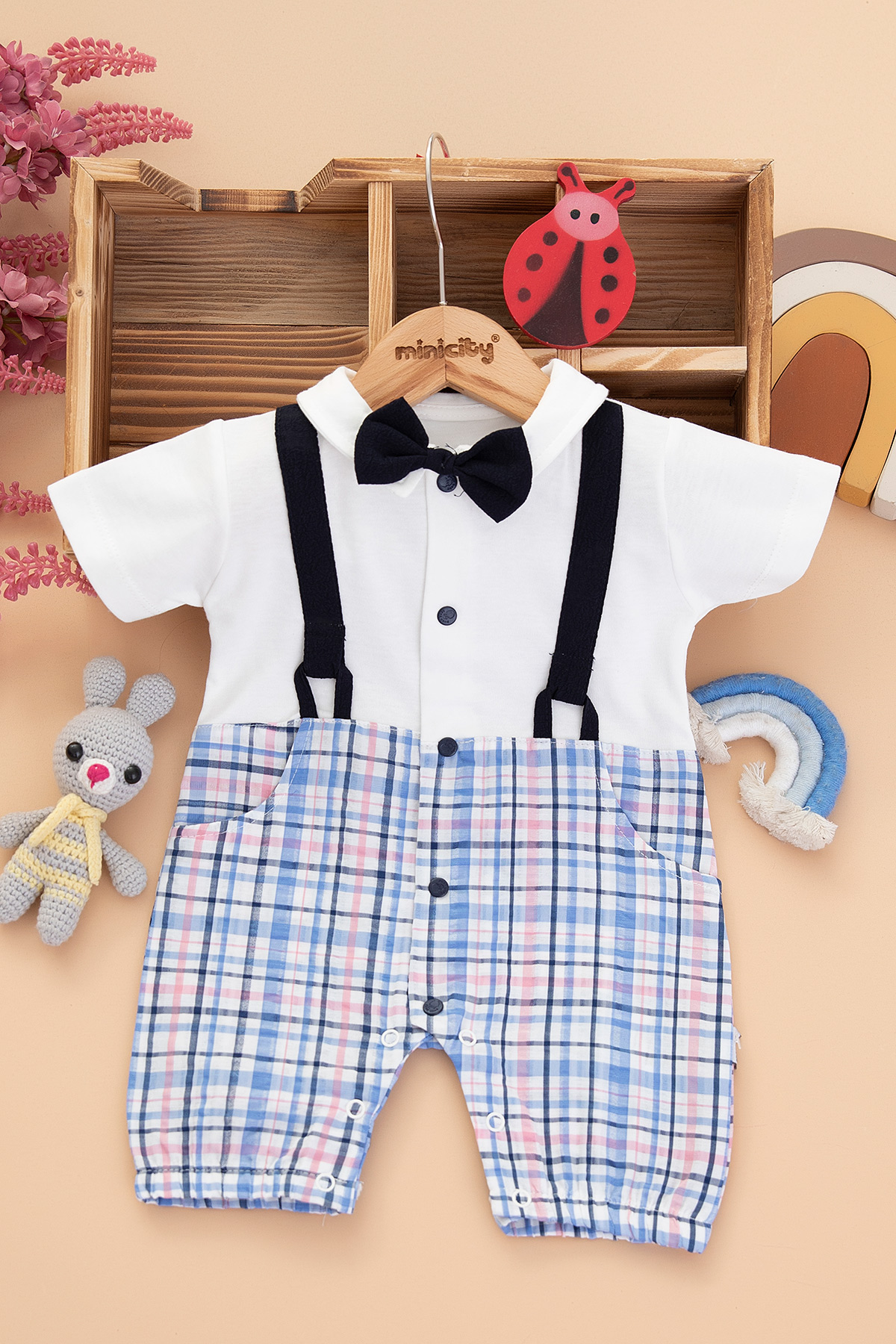 Erkek Bebek Ekose Askılı Kısa Tulum   6915 (9 18 Ay)