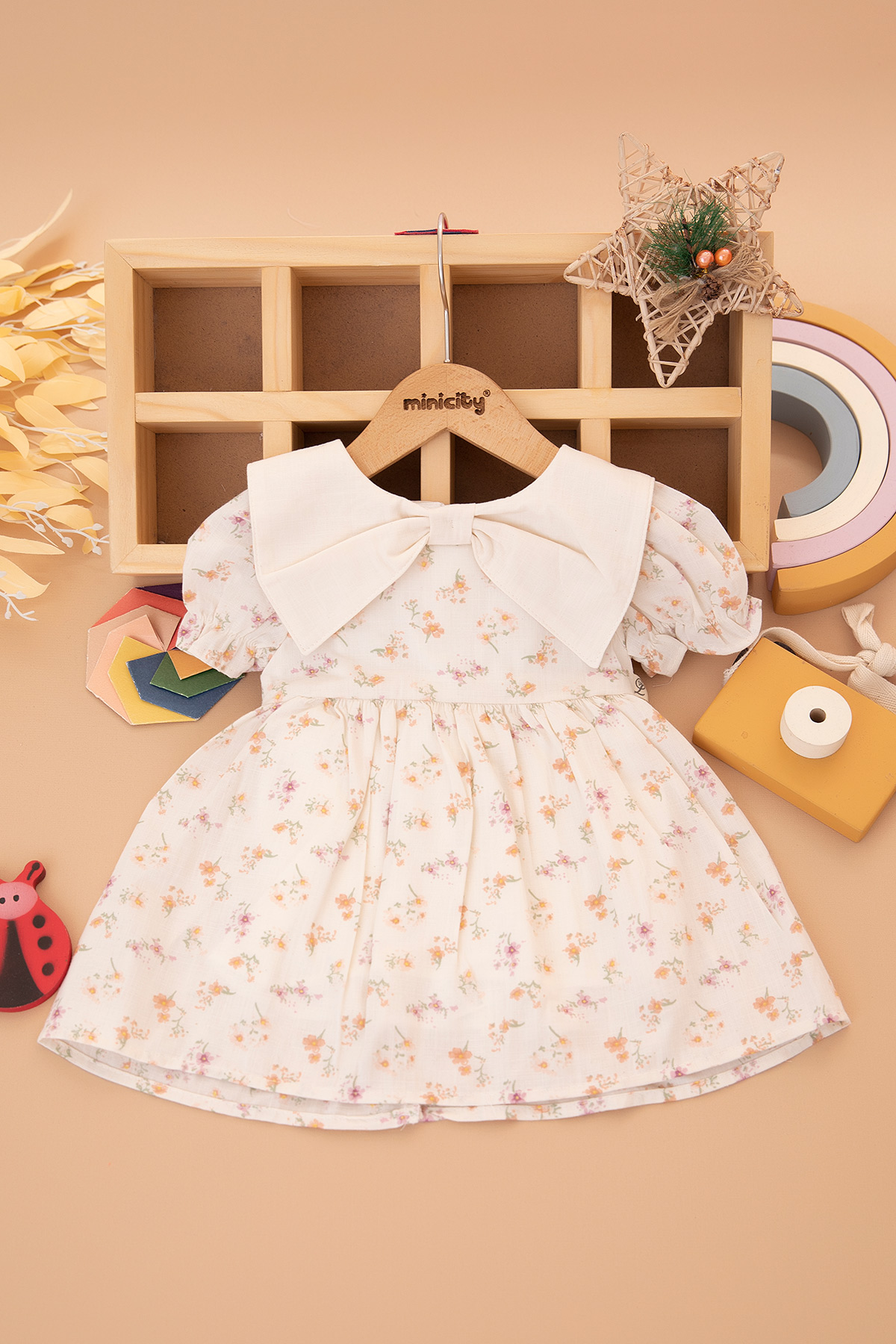 Kız Bebek Baskılı Keten Elbise   3001 (9 24 Ay)