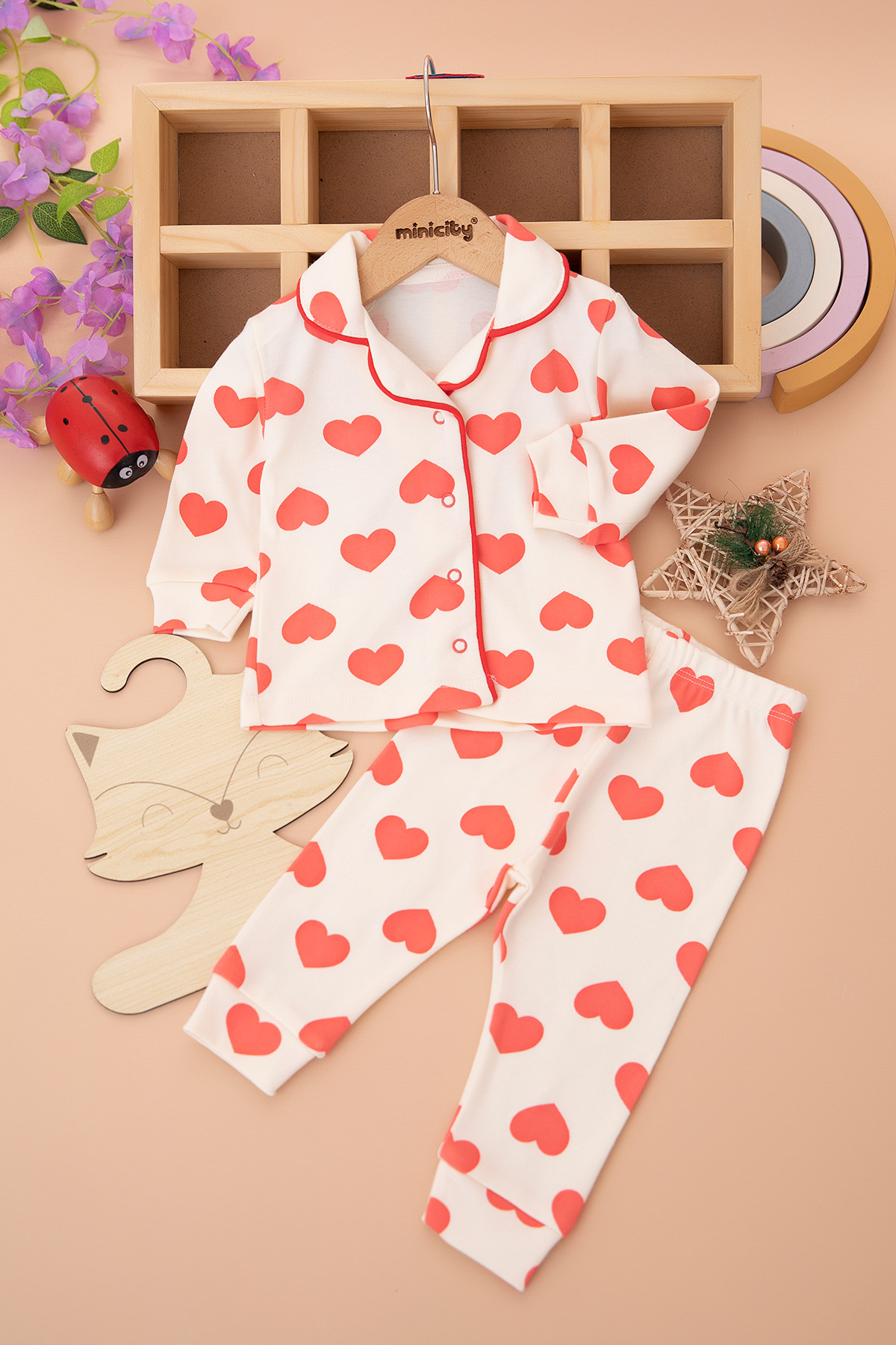 Kız Bebek Kalp Baskılı Pijama Takımı   2422 (3 12 Ay)