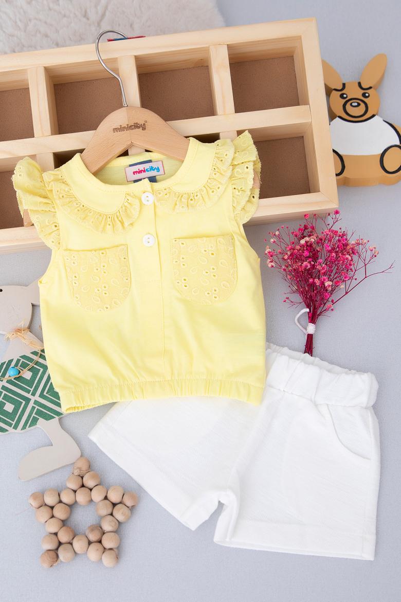 Kız Bebek Vual Cepli Yakalı Şortlu Takım - 23028 (9-24 Ay)