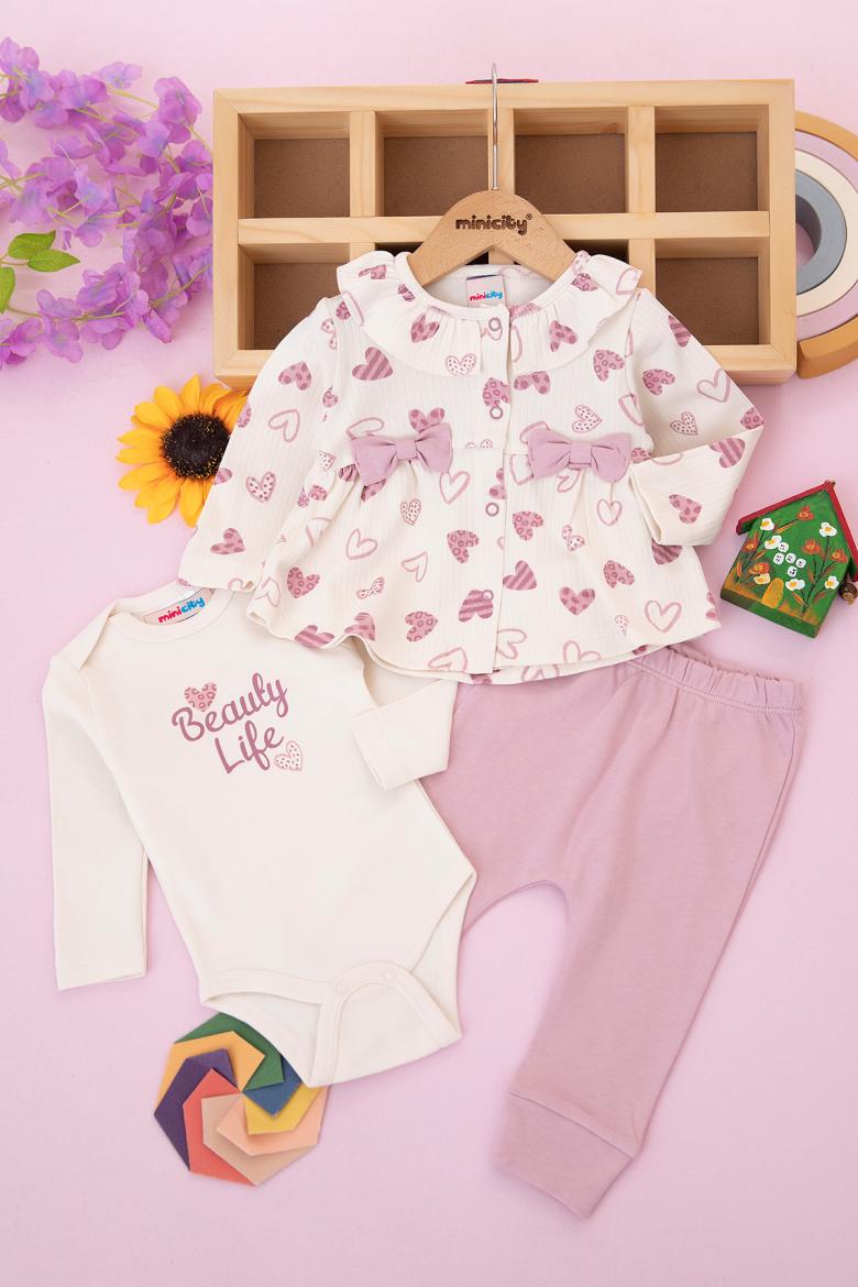 Kız Bebek Kalp Baskılı Badili Üçlü Takım - NB065 (3-12 Ay)