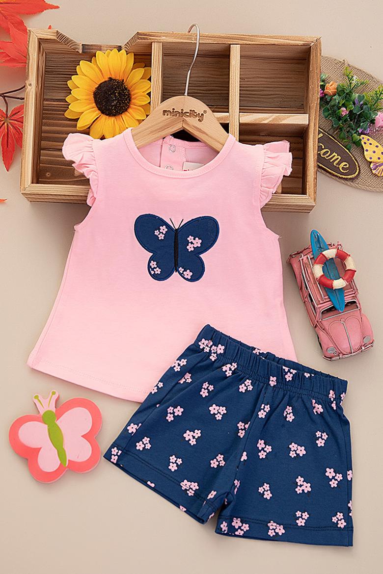 Kız Bebek Kelebek Nakışlı Şortlu Takım - 25430 (9-24 Ay)