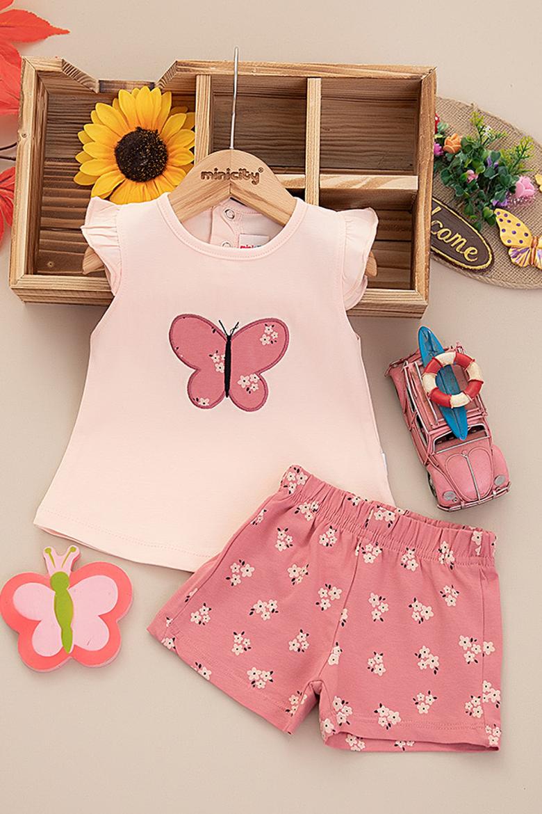 Kız Bebek Kelebek Nakışlı Şortlu Takım - 25430 (9-24 Ay)