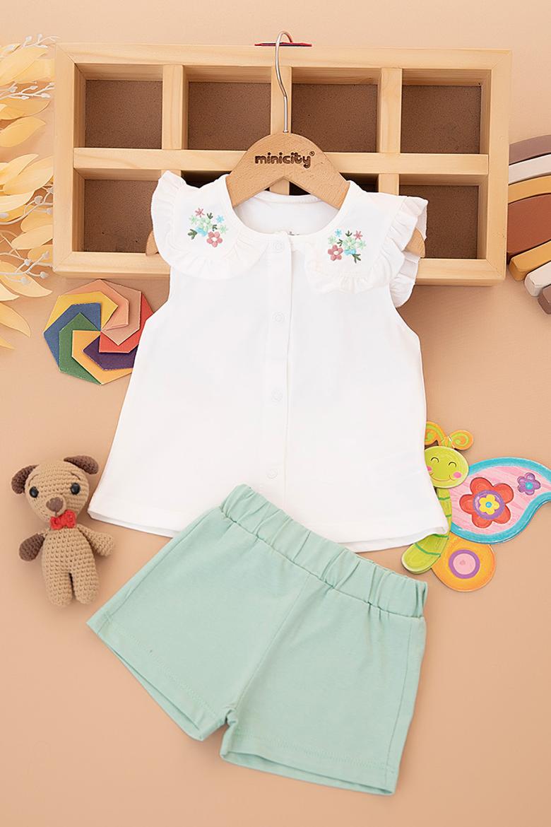 Kız Bebek Yakası Çiçek Nakışlı Şortlu Takım - 25553 (9-24 Ay)