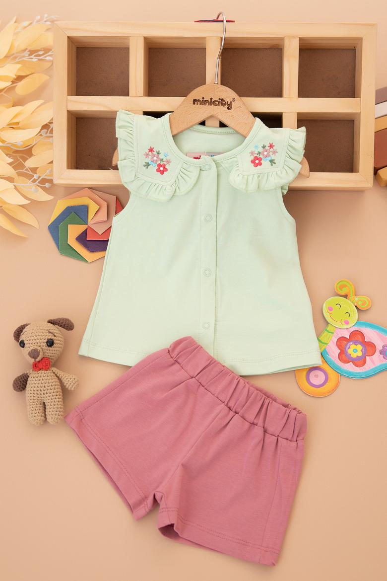 Kız Bebek Yakası Çiçek Nakışlı Şortlu Takım - 25553 (9-24 Ay)