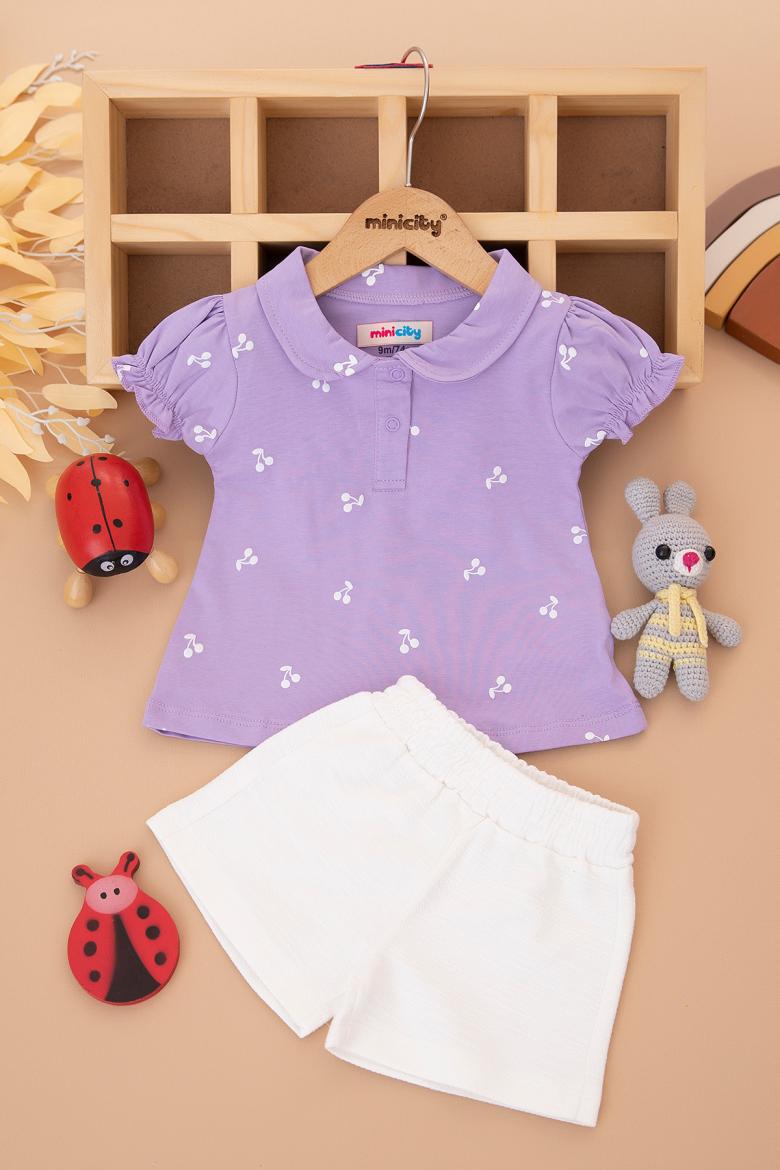 Kız Bebek Kiraz Baskılı Yakalı Şortlu Takım - 25428 (9-24 Ay)