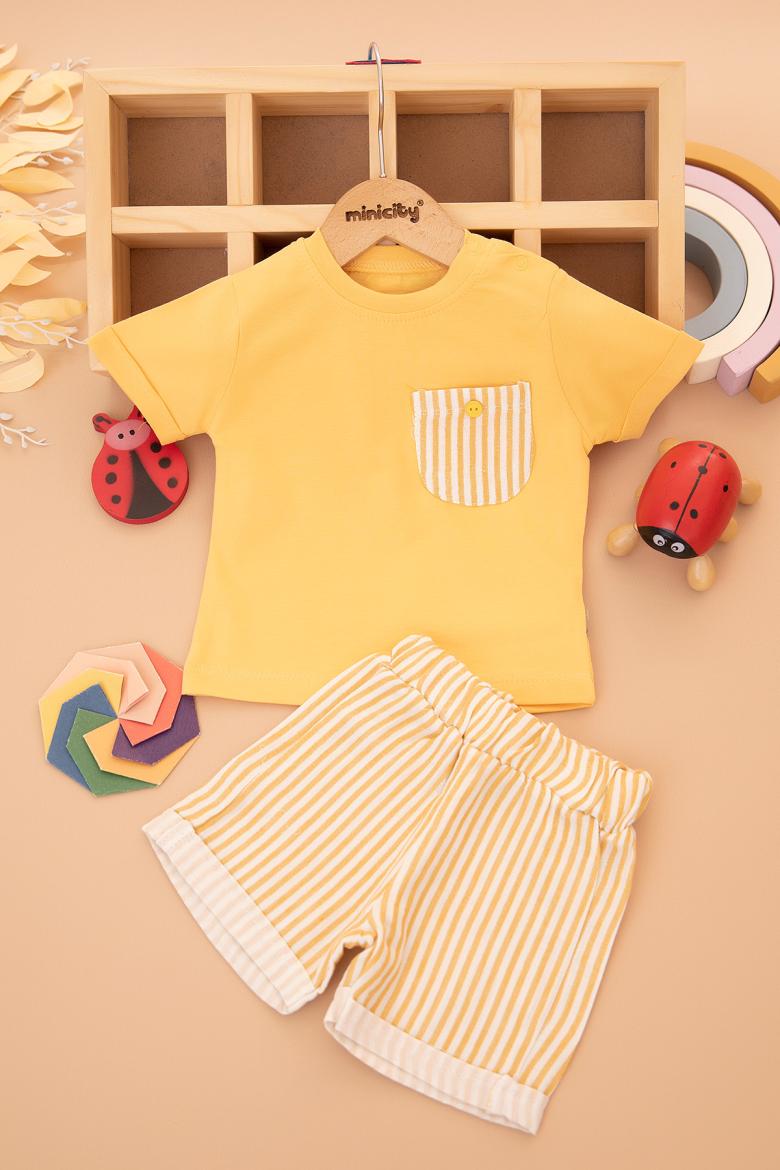 Erkek Bebek Çizgili Cepli Müslin Şortlu Takım - 25447 (9-24 Ay)