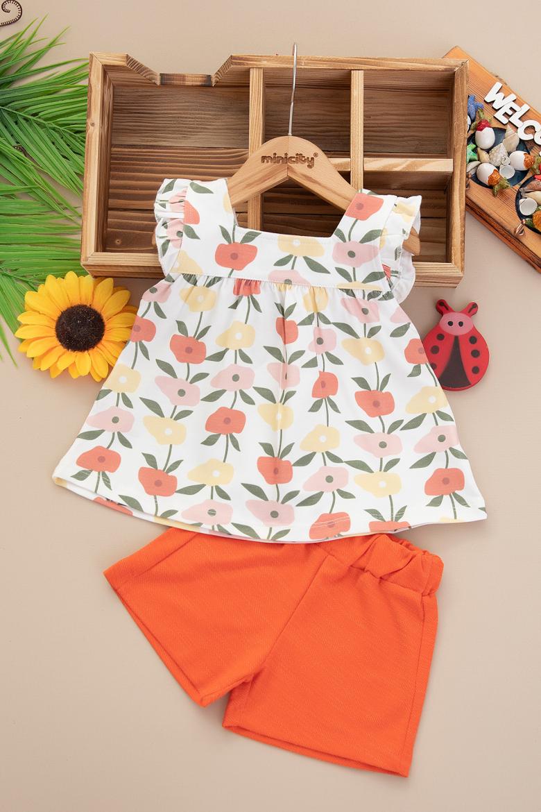 Kız Bebek Çiçek Baskılı Şortlu Takım - 25525 (9-24 Ay)