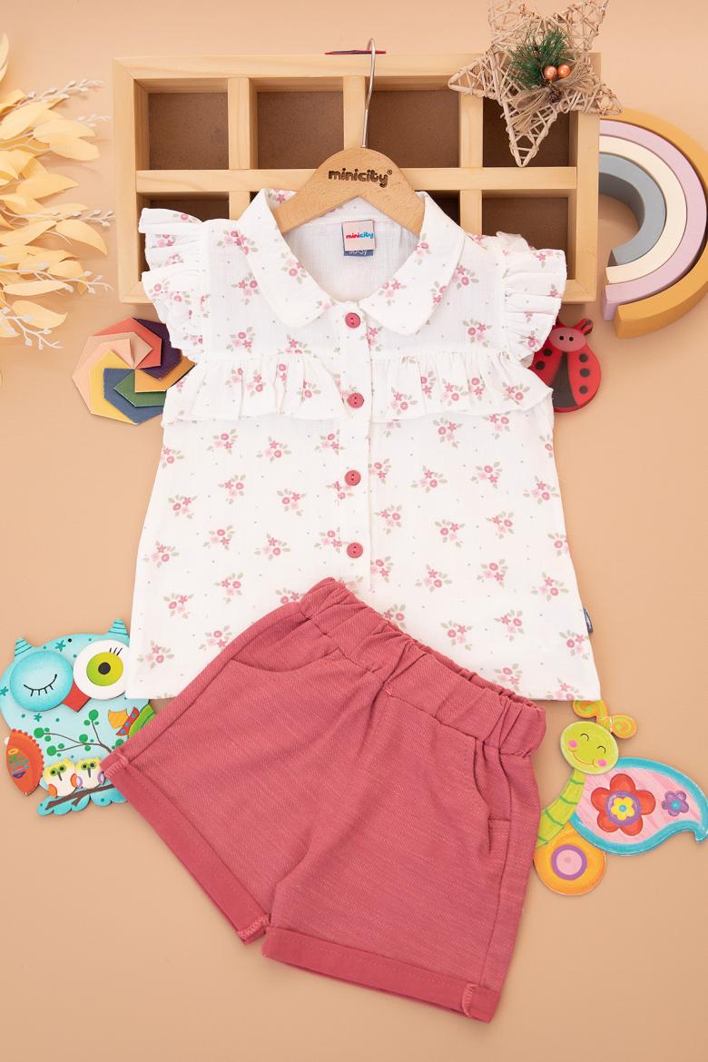 Kız Bebek Çiçekli Gömlek Şortlu Takım - 25157 (9-24 Ay)