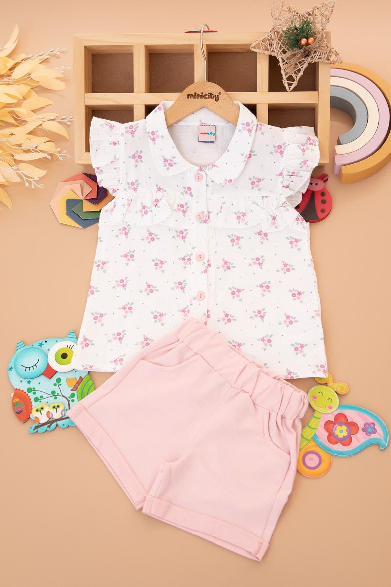 Kız Bebek Çiçekli Gömlek Şortlu Takım - 25157 (9-24 Ay)