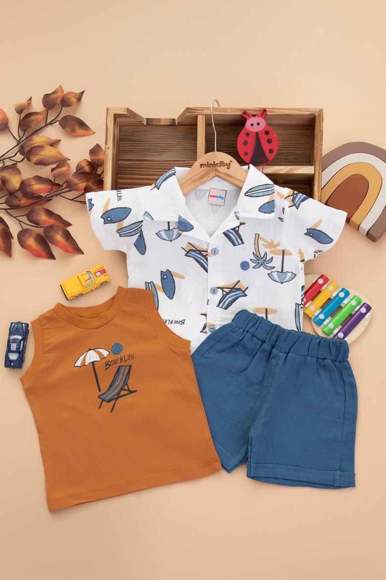 Erkek Bebek Plaj Baskılı Üçlü Şortlu Takım - 25438 (9-24 Ay)