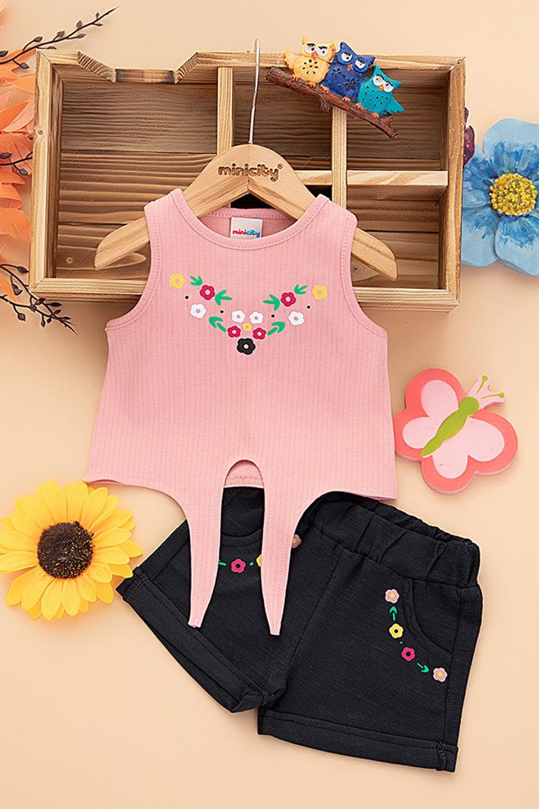 Kız Bebek Önü Bağlamalı Şortlu Takım - 25537 (9-24 Ay)