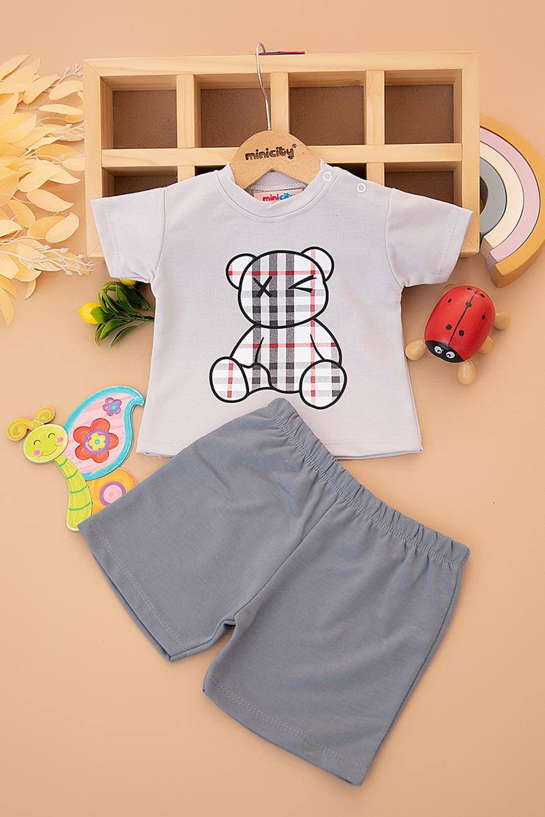 Erkek Bebek Ekose Ayı Baskılı Şortlu Takım - 9788 (9-24 Ay)