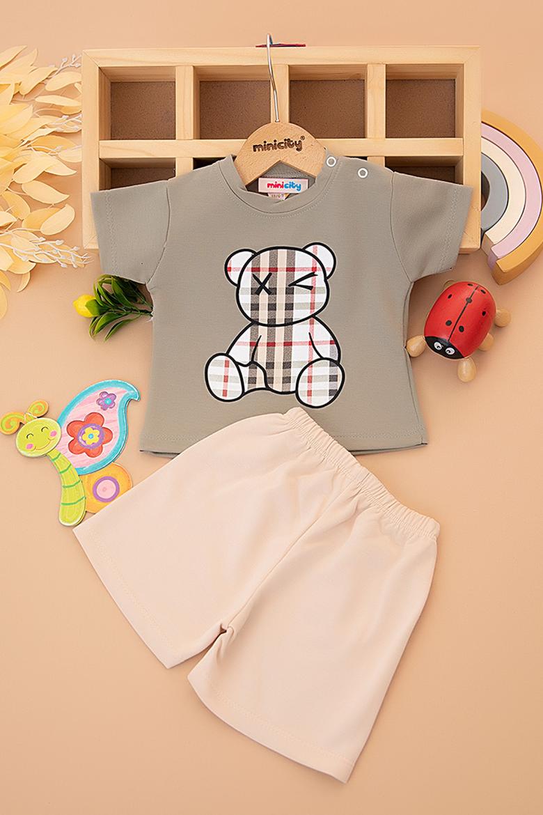 Erkek Bebek Ekose Ayı Baskılı Şortlu Takım - 9788 (9-24 Ay)
