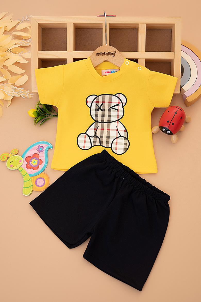 Erkek Bebek Ekose Ayı Baskılı Şortlu Takım - 9788 (9-24 Ay)