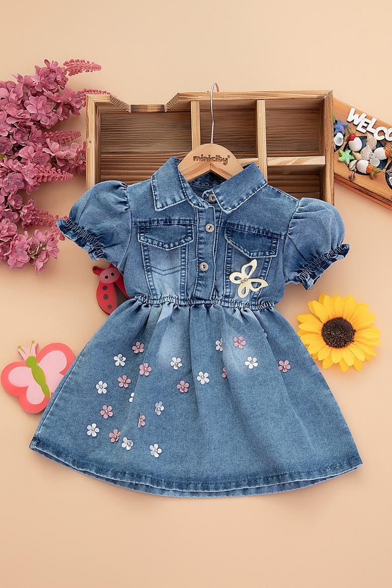 Kız Çocuk Eteği Çiçekli Kot Elbise - 11350 (2-5 Yaş)