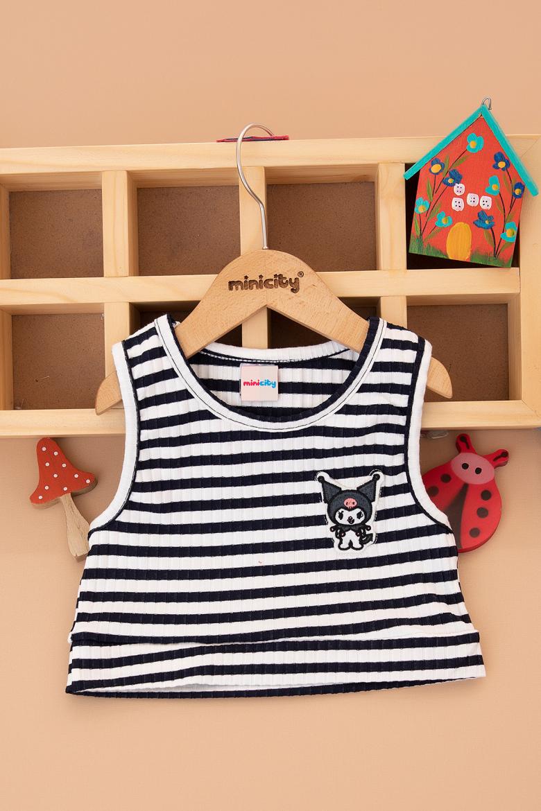 Kız Çocuk Kromi Nakışlı Çizgili Crop Body - 2434 (5-12 Yaş)