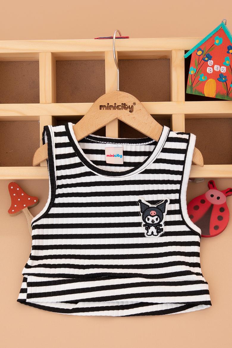 Kız Çocuk Kromi Nakışlı Çizgili Crop Body - 2434 (5-12 Yaş)