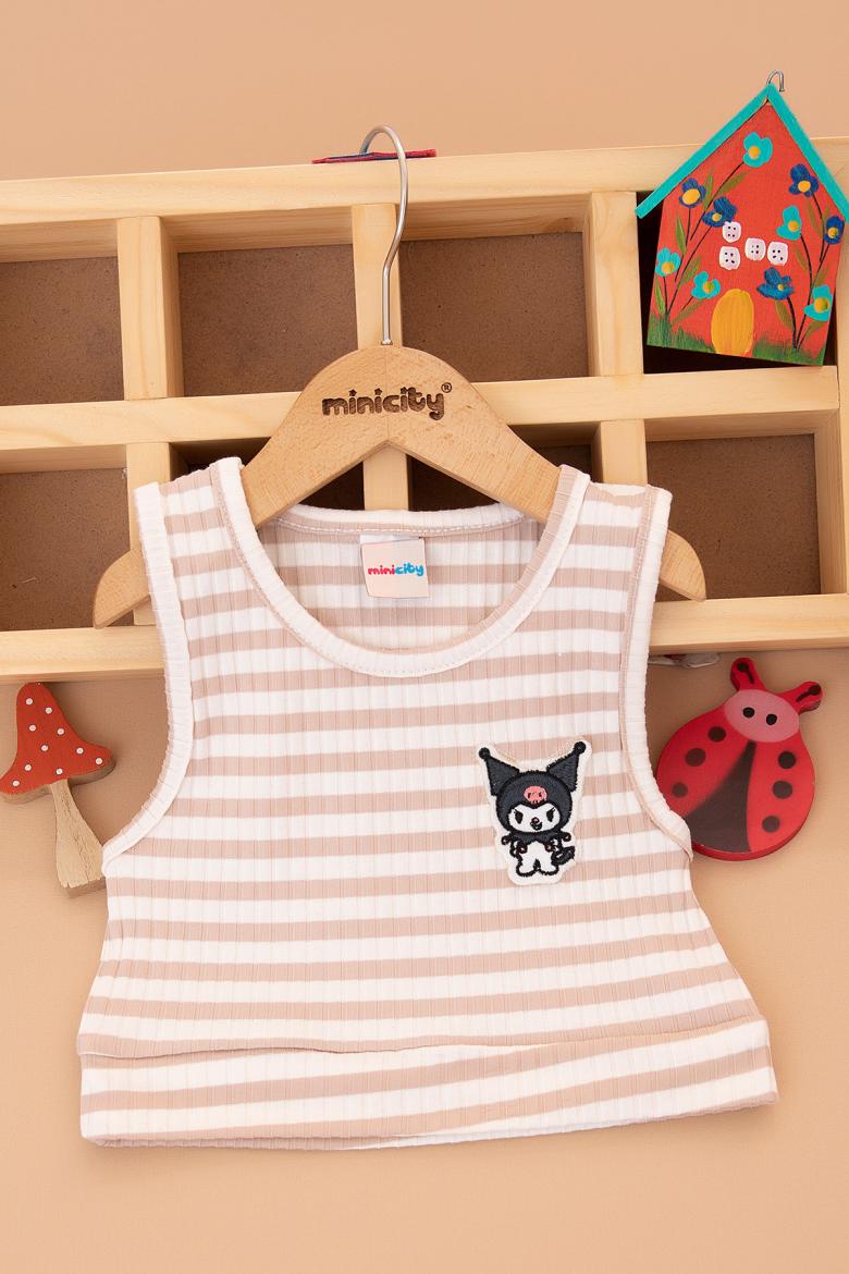 Kız Çocuk Kromi Nakışlı Çizgili Crop Body - 2434 (5-12 Yaş)