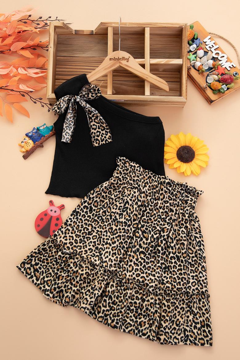 Kız Çocuk Ribana Leopar Etekli Takım - 12621 (5-9 Yaş)