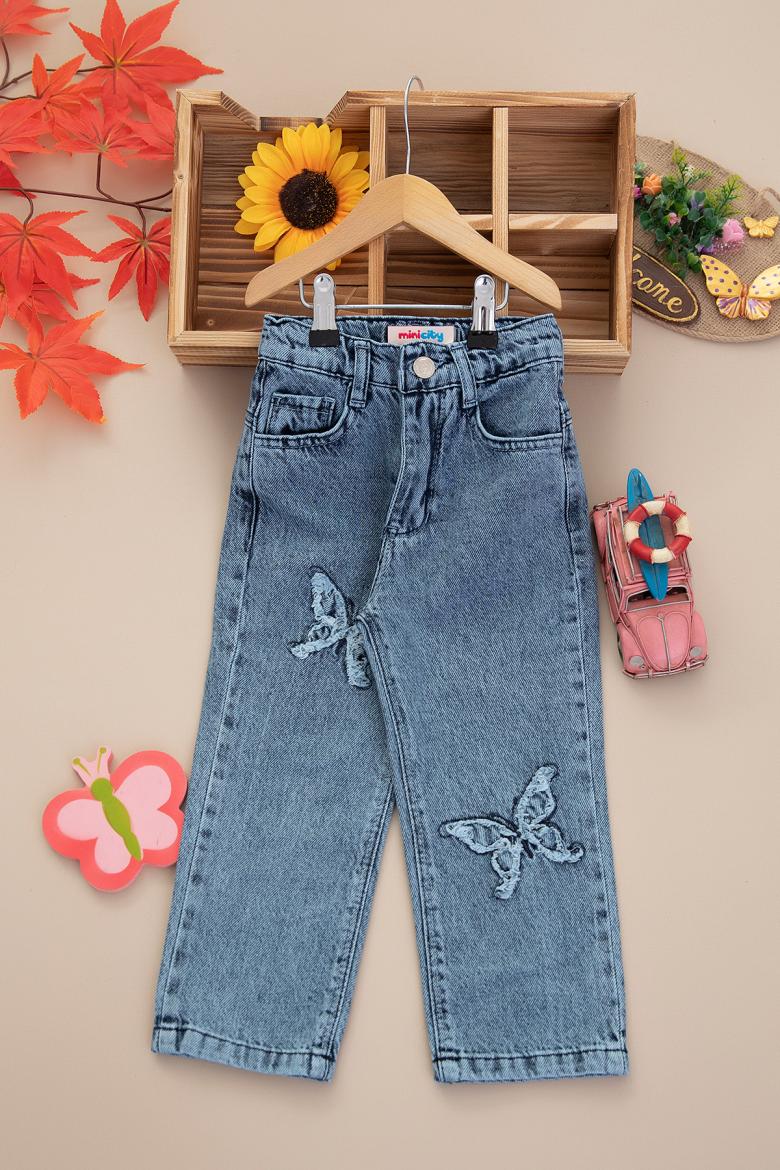 Kız Çocuk Geniş Paça Nakışlı Kot Pantolon - 69502 (3-7 Yaş)