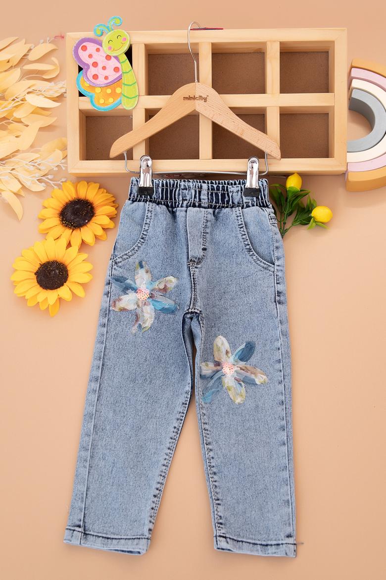 Kız Çocuk Tül Çiçekli Kot Pantolon - 7315-1 (3-7 Yaş)