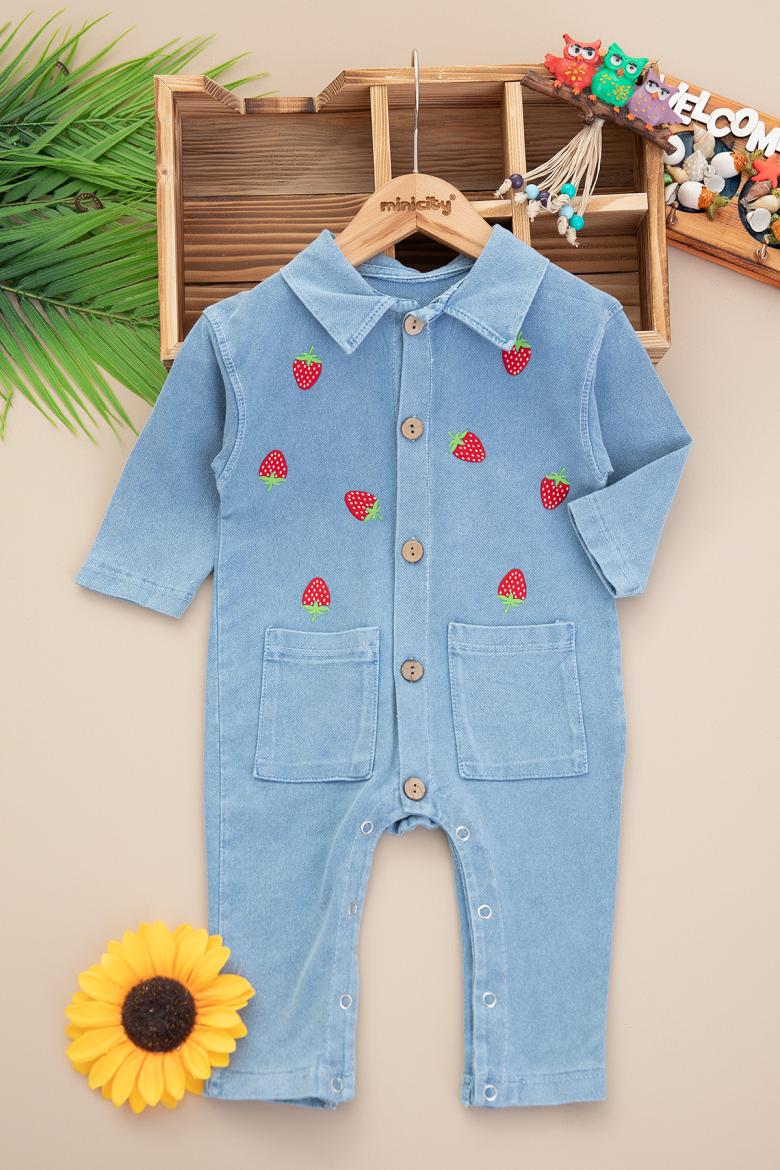 Kız Bebek Çilek Nakışlı Kot Tulum - 0256 (9-24 Ay)