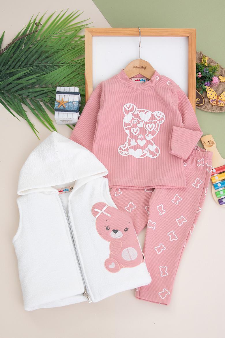 Kız Bebek Ayıcıklı Yelekli Üçlü Takım - 5061 (9-18 Ay)