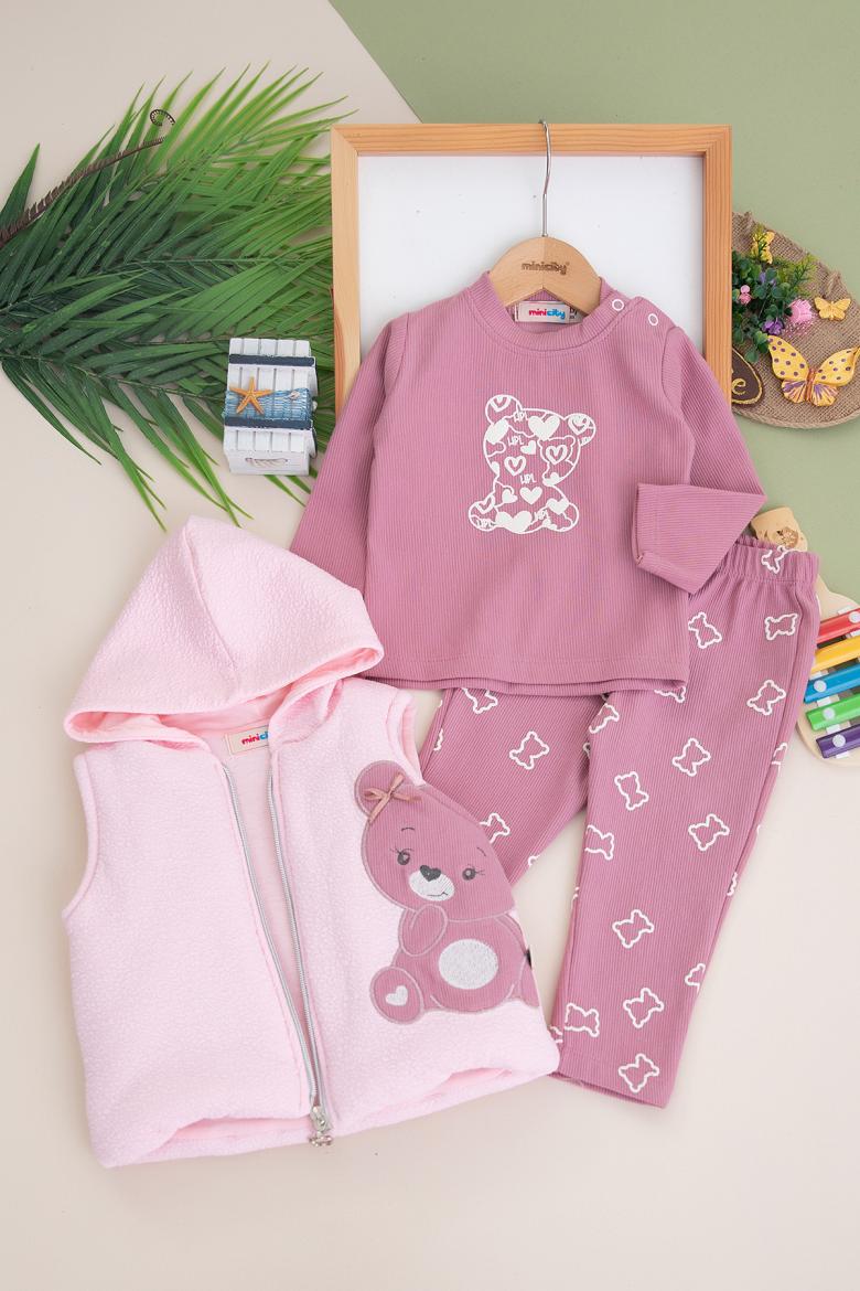 Kız Bebek Ayıcıklı Yelekli Üçlü Takım - 5061 (9-18 Ay)