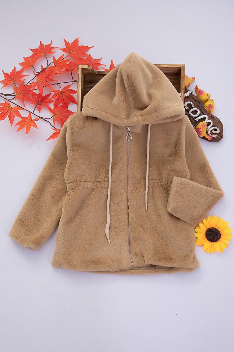 Kız Çocuk Beli Lastikli Peluş Mont (8-14 Yaş)