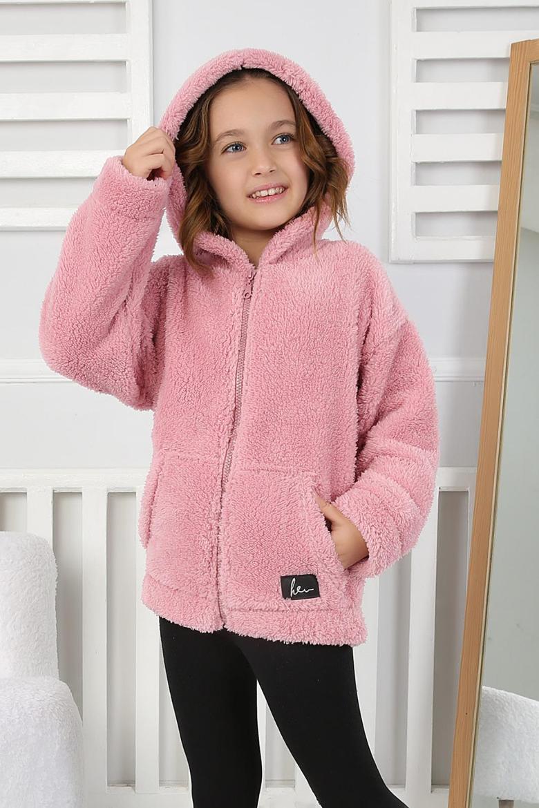 Kız Çocuk Kanguru Cepli Fermuarlı Peluş Mont - 8040 (3-12 Yaş)