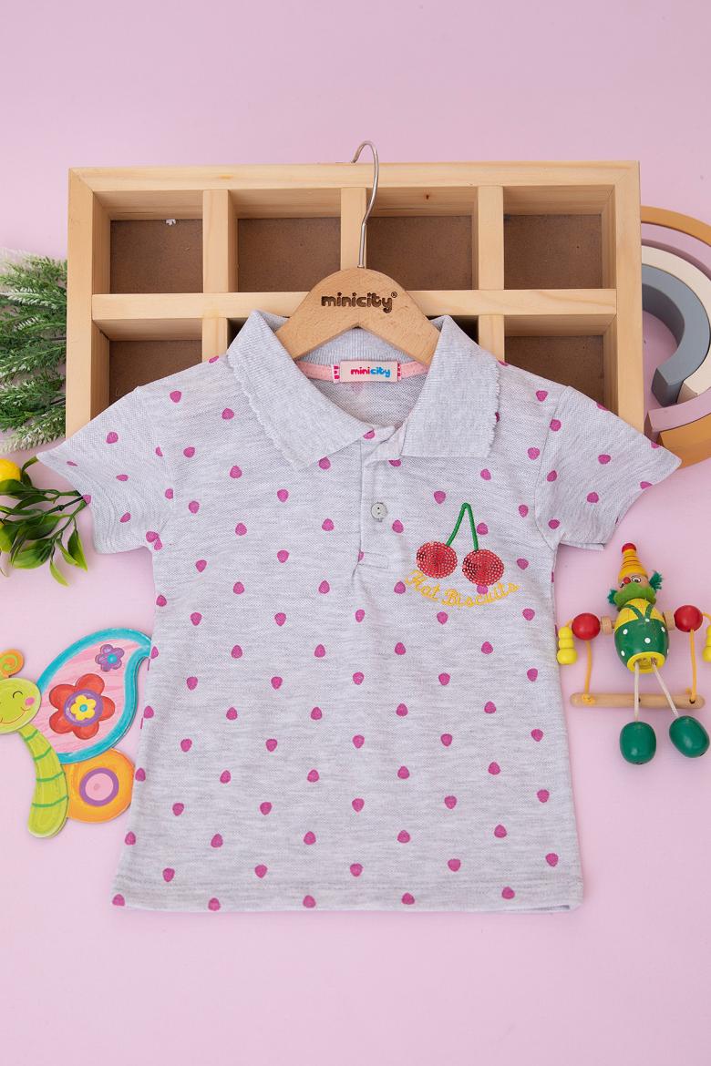 Kız Çocuk Kalp Baskılı Kiraz Nakışlı T-Shirt (3-12 Yaş)