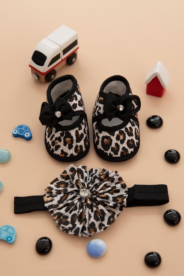 Kız Bebek Leoparlı Bandana Patik Set - 3005