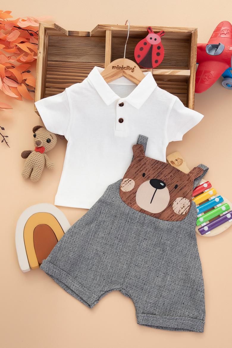 Erkek Bebek Ayılı Şort Salopet - 4003 (9-24 Ay)