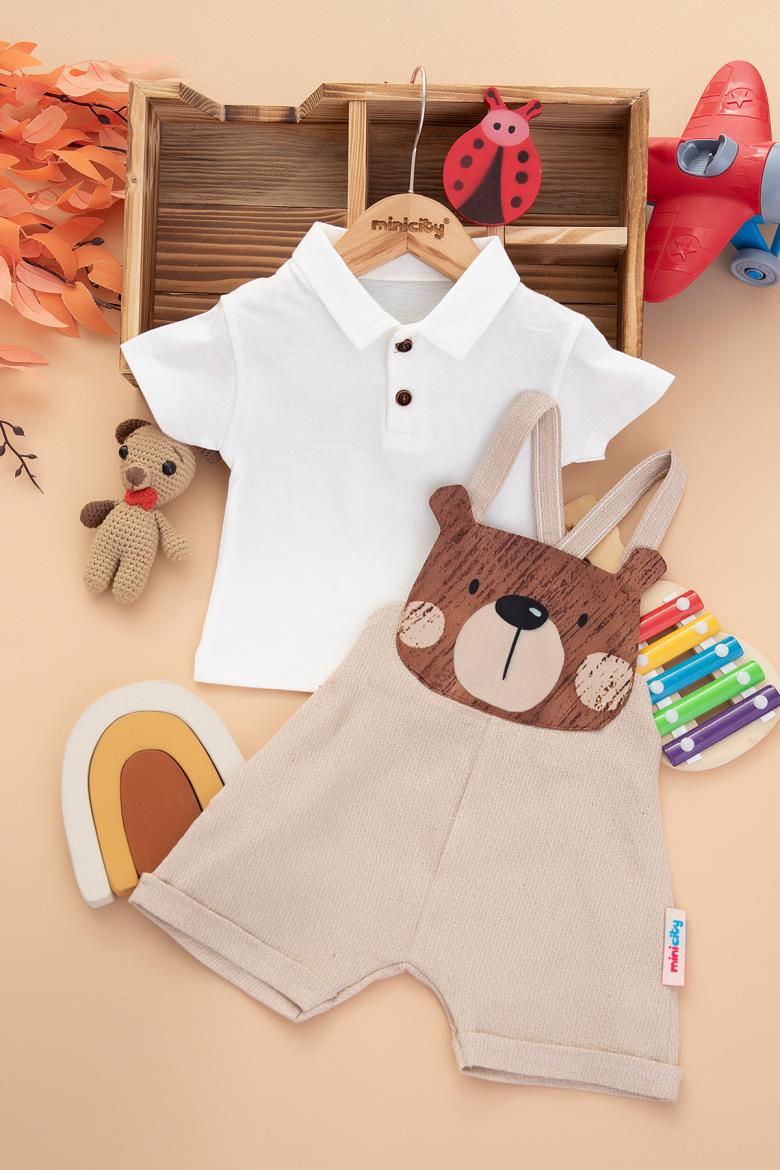 Erkek Bebek Ayılı Şort Salopet - 4003 (9-24 Ay)