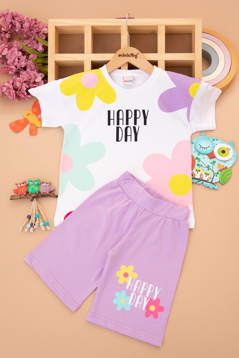 Kız Çocuk Happy Day Baskılı Şortlu Takım (4-10 Yaş)