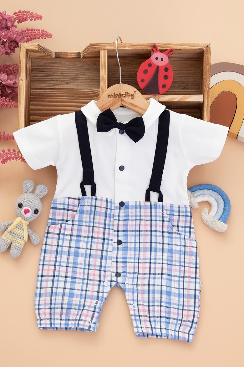 Erkek Bebek Ekose Askılı Kısa Tulum - 6915 (9-18 Ay)