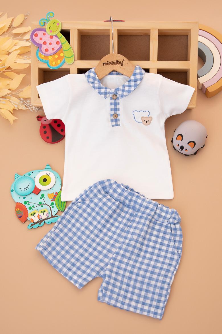 Erkek Bebek Ekose Ayılı Şortlu Takım - 6916 (9-18 Ay)