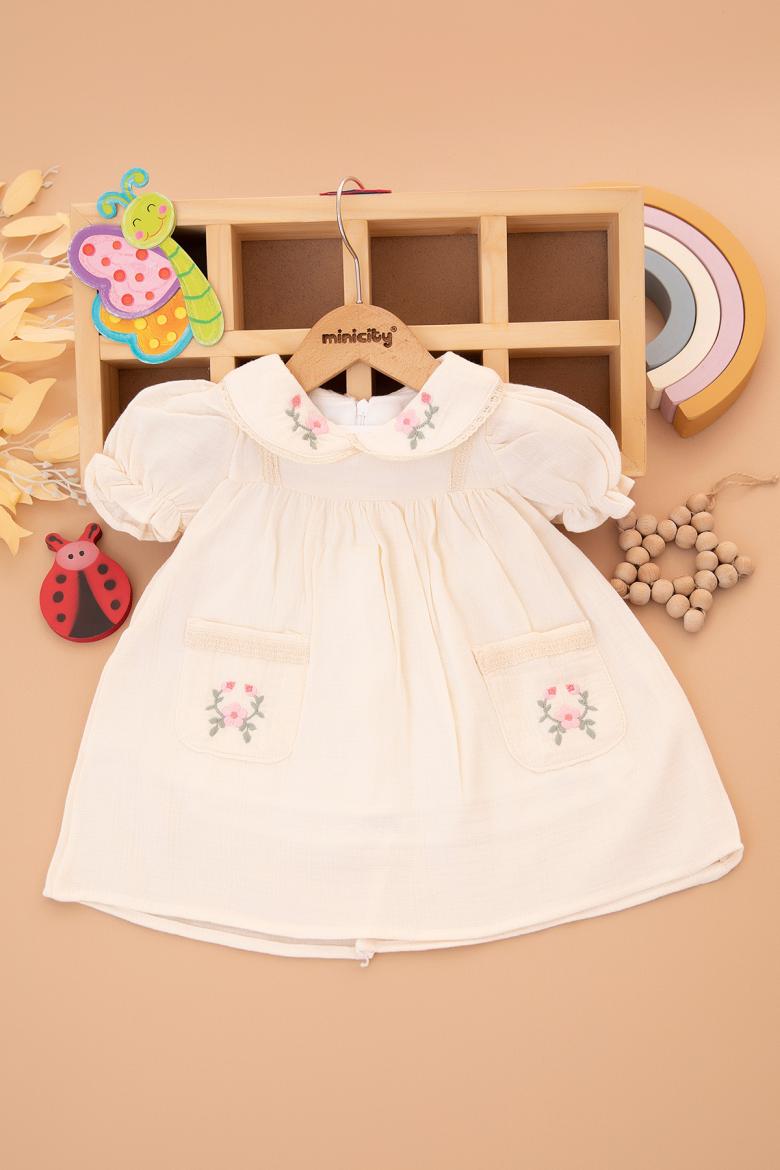 Kız Bebek Cepli Nakışlı Elbise - 3019 (9-24 Ay)